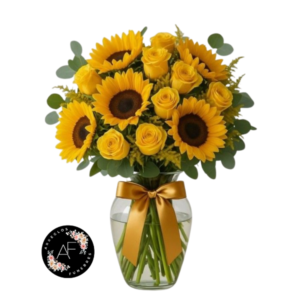 Florero Funebre con Rosas Amarillas y Girasoles